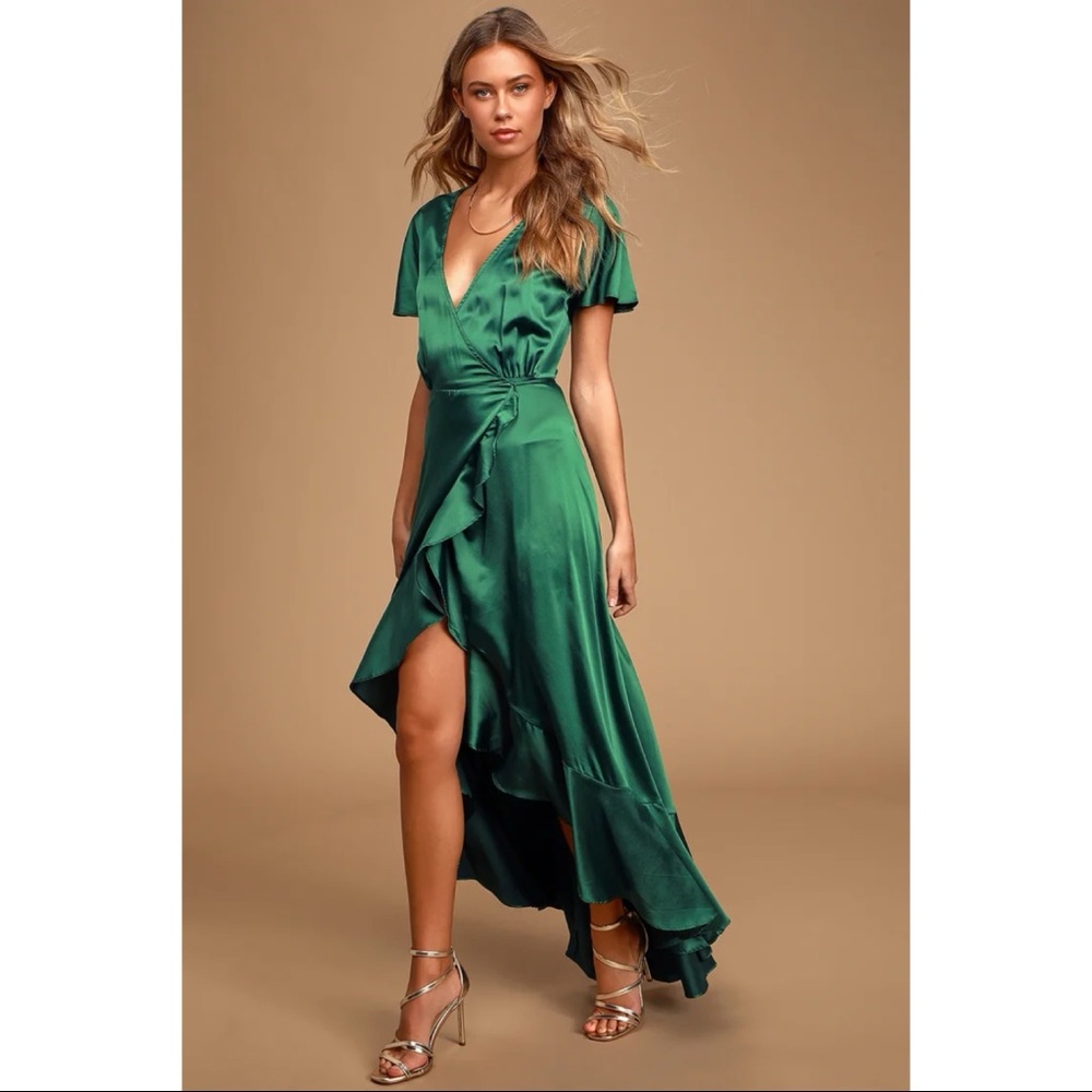 NWOT Lulus Love Of Your Life Dark Green Satin Ruffled Wrap Maxi Dress XLarge